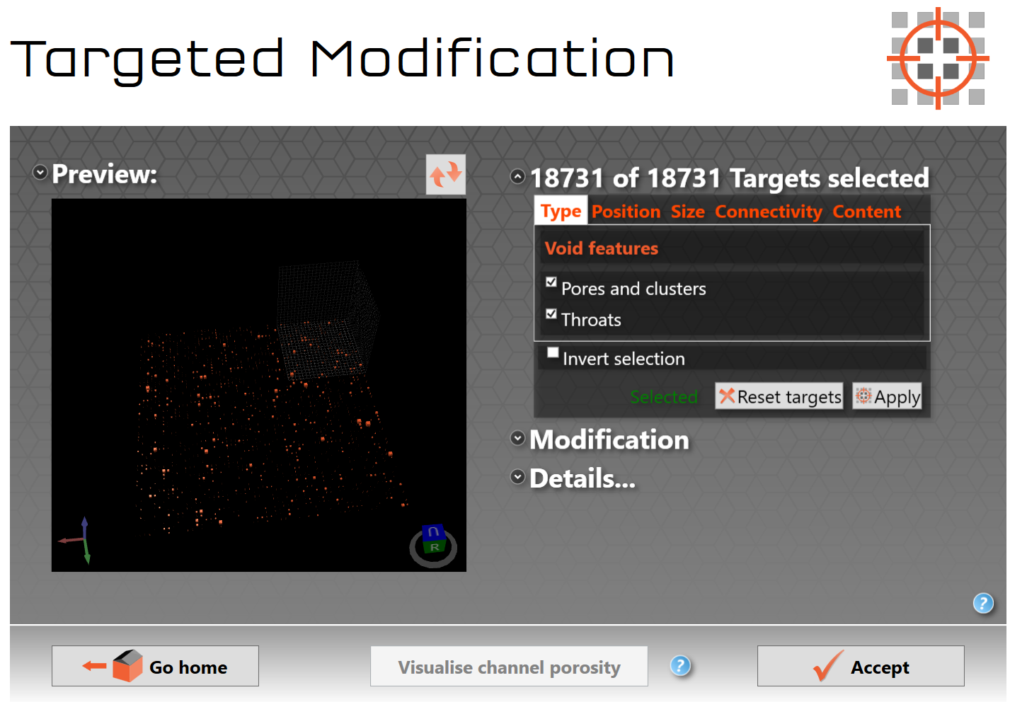 Figure CPV 5. The channel porosity visualisation showing in the Targeted modification preview window