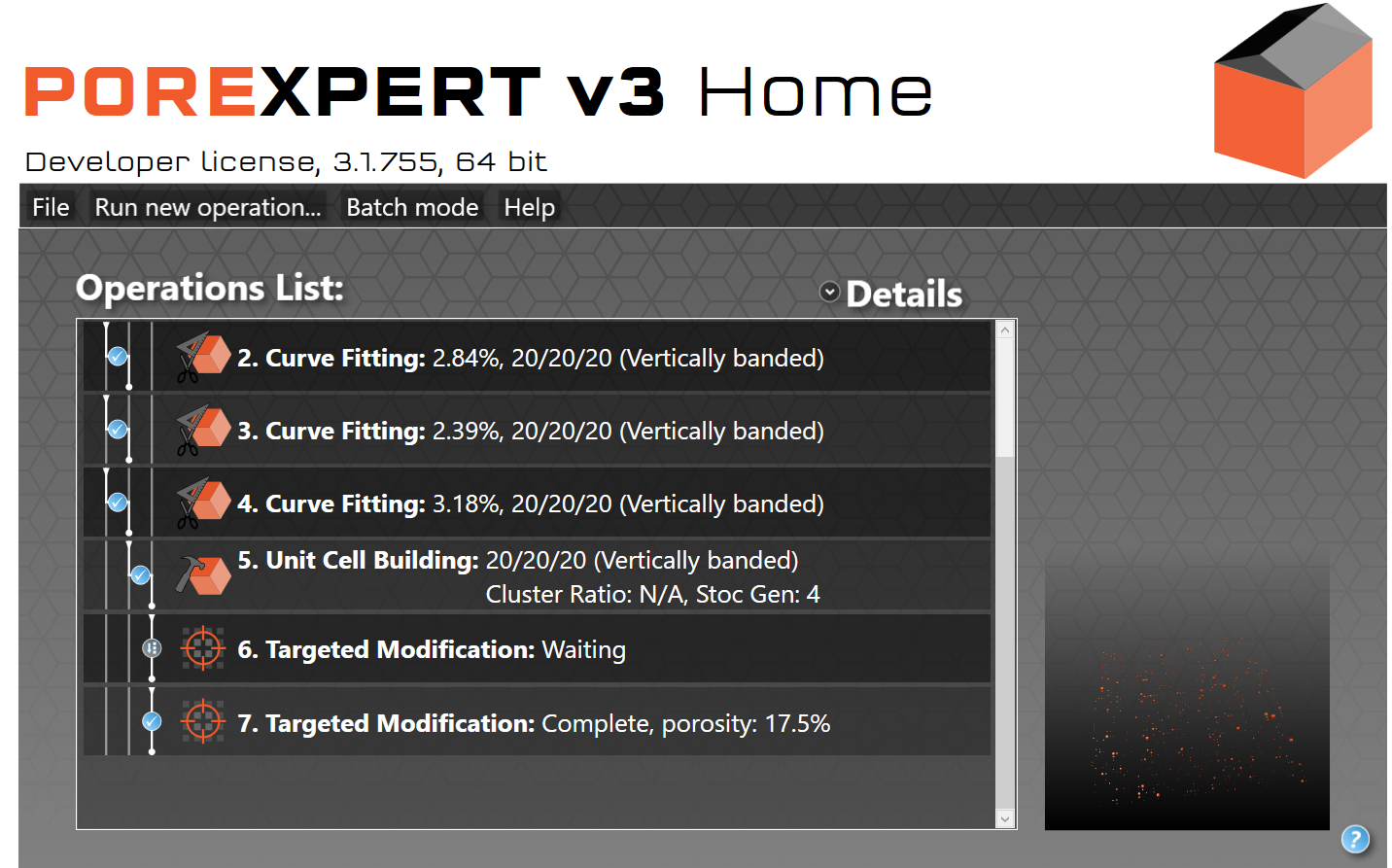 Figure CPV 9. Operations list screen after channel porosity visualisation