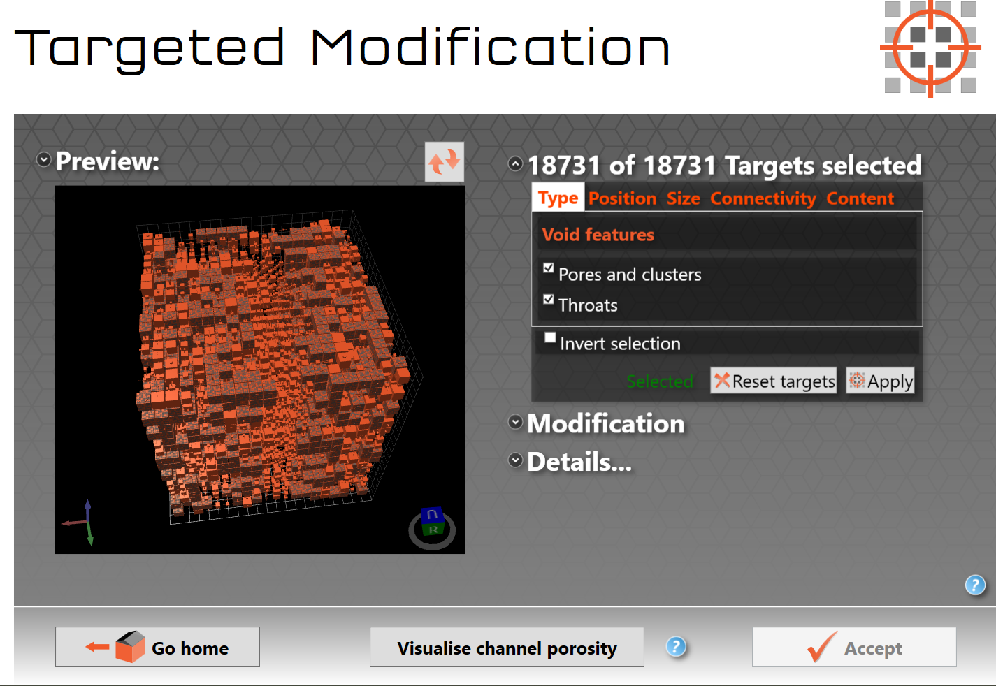 Figure CPV 4. Targeted modification after features have been selected, showing Visualise channel porosity button
