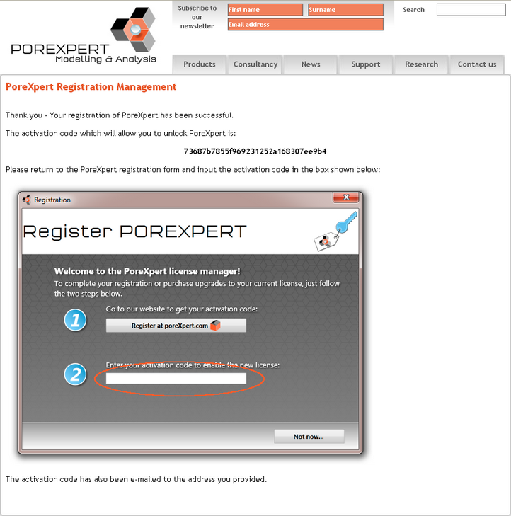 Registration response screen