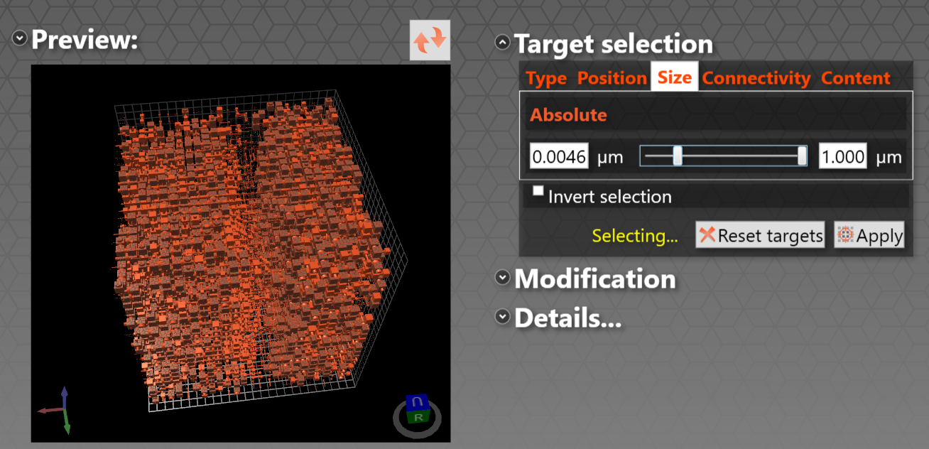 The selection control screen during selection of features from a large unit cell
