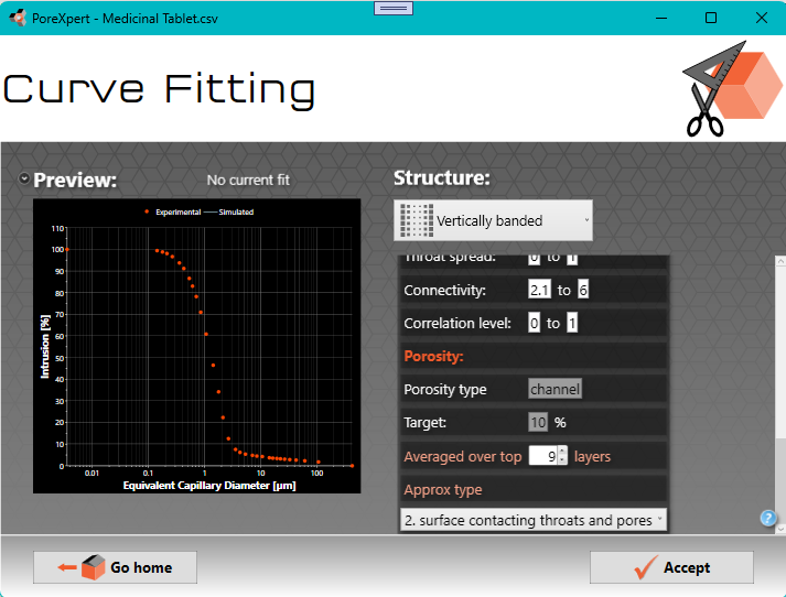 curve fitting screen showing channel porosity defaults
